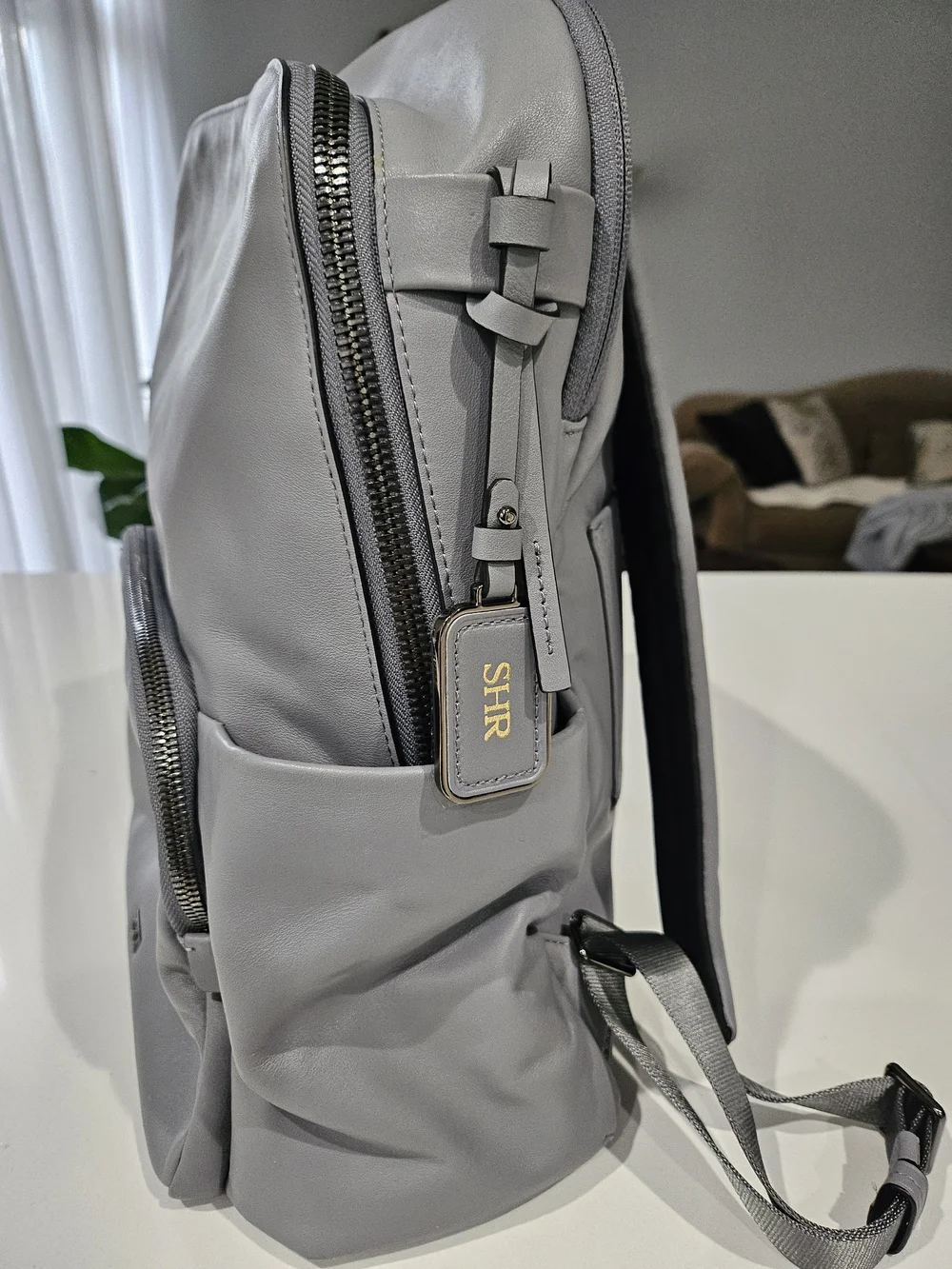 Tumi Light Gray Leather Backpack with Front Pocket